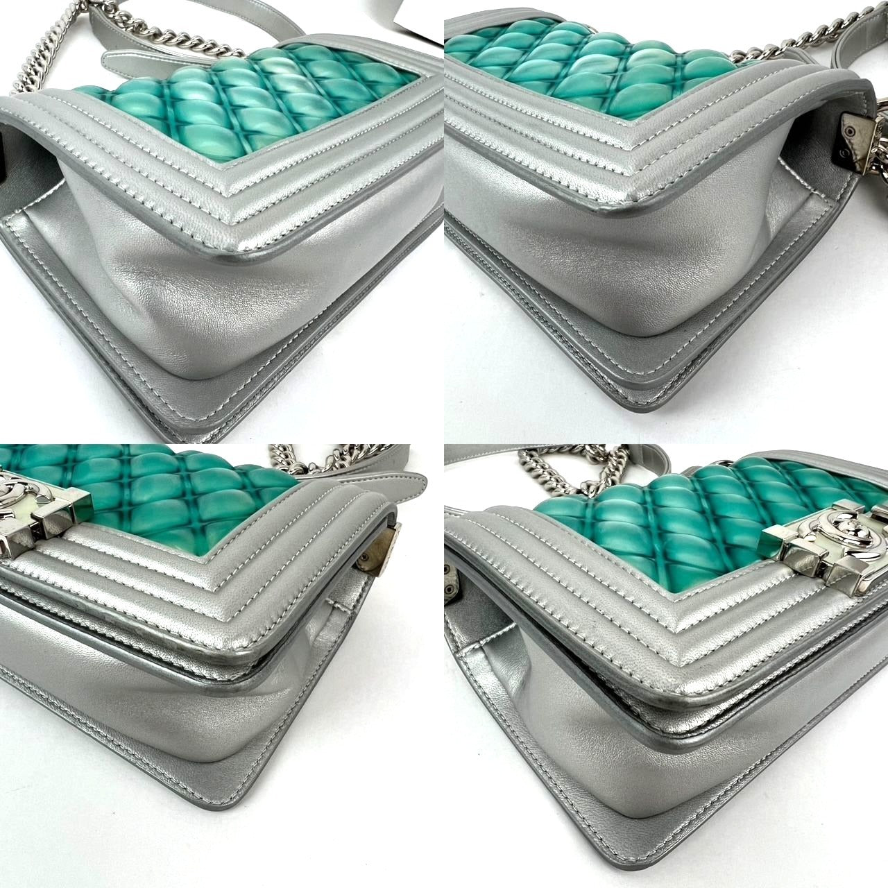 
                  
                    Chanel Iridescent Lambskin PVC Quilted Small Boy Flap Silver Blue Shoulder Bag
                  
                