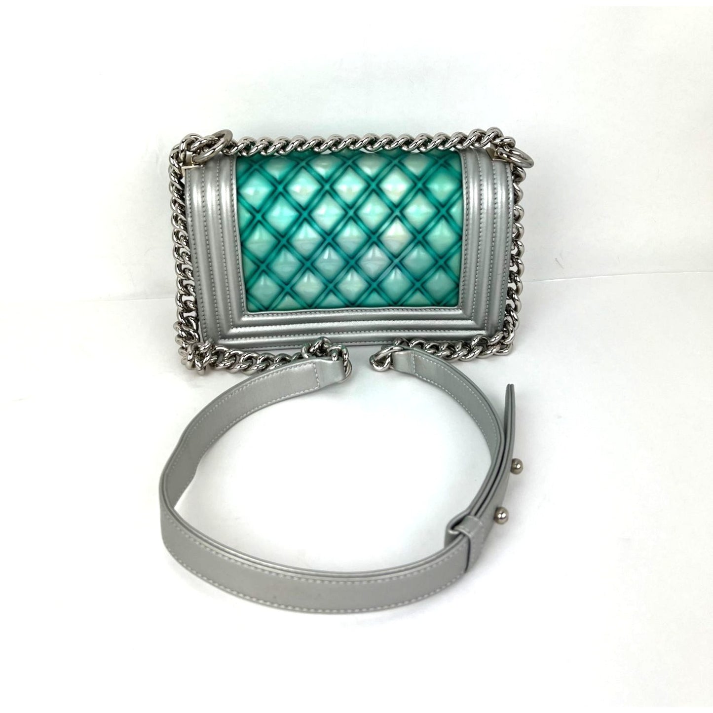 
                  
                    Chanel Iridescent Lambskin PVC Quilted Small Boy Flap Silver Blue Shoulder Bag
                  
                