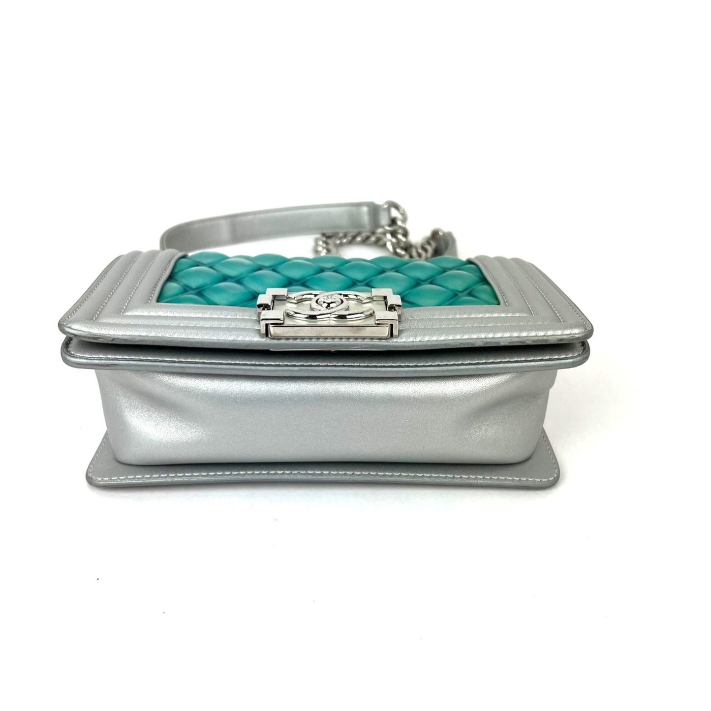 
                  
                    Chanel Iridescent Lambskin PVC Quilted Small Boy Flap Silver Blue Shoulder Bag
                  
                