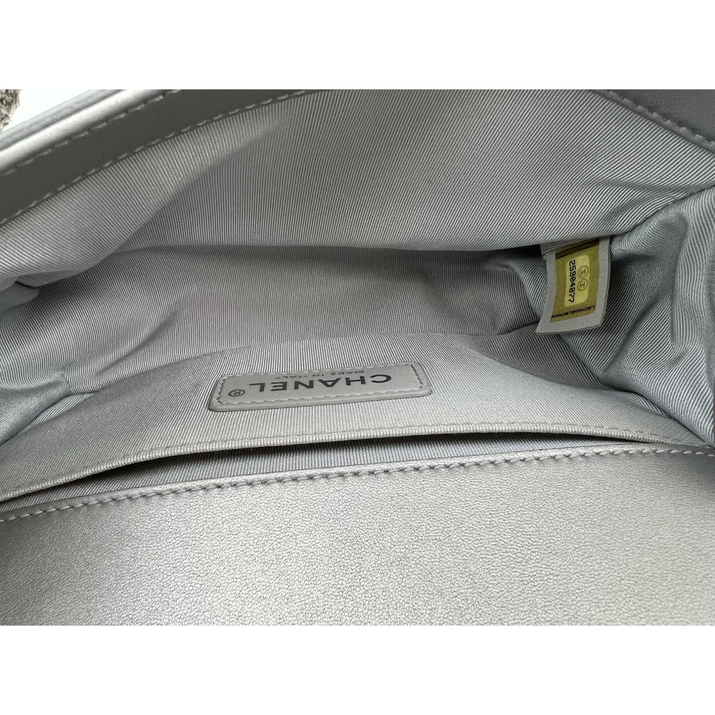 
                  
                    Chanel Iridescent Lambskin PVC Quilted Small Boy Flap Silver Blue Shoulder Bag
                  
                