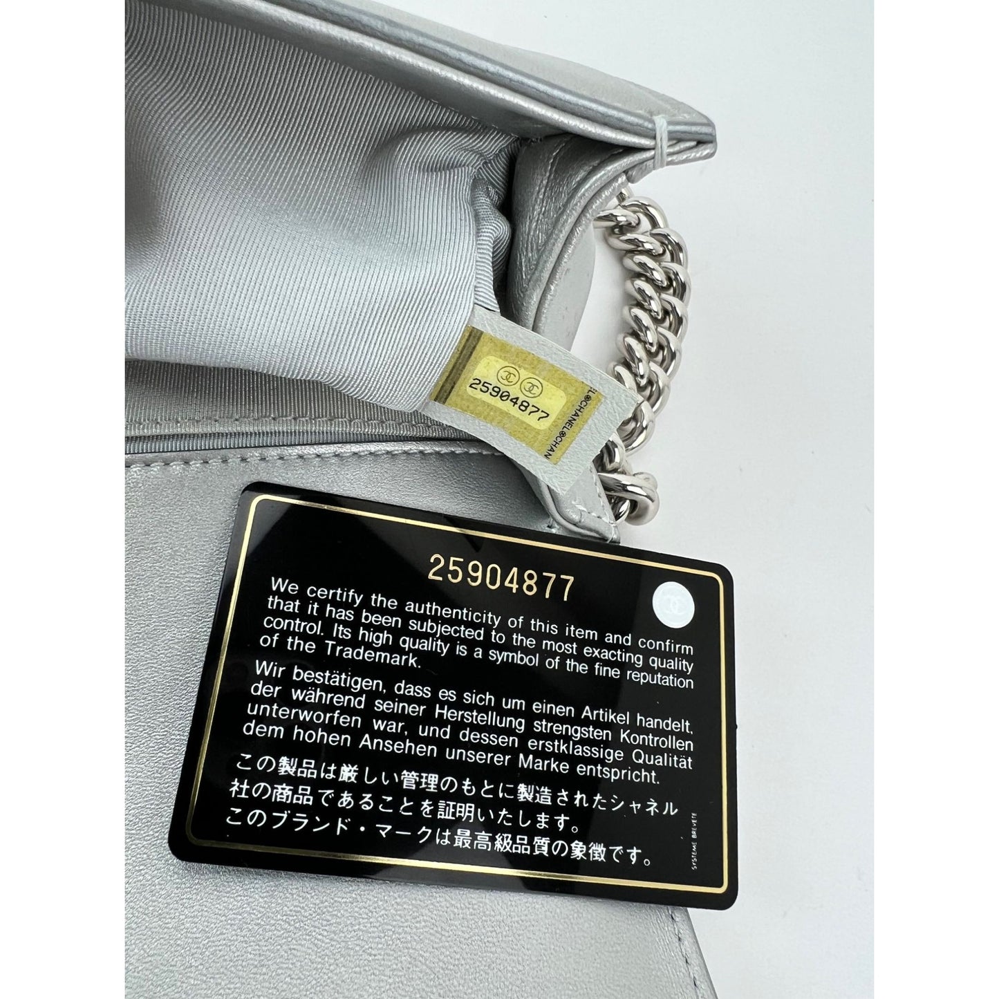
                  
                    Chanel Iridescent Lambskin PVC Quilted Small Boy Flap Silver Blue Shoulder Bag
                  
                