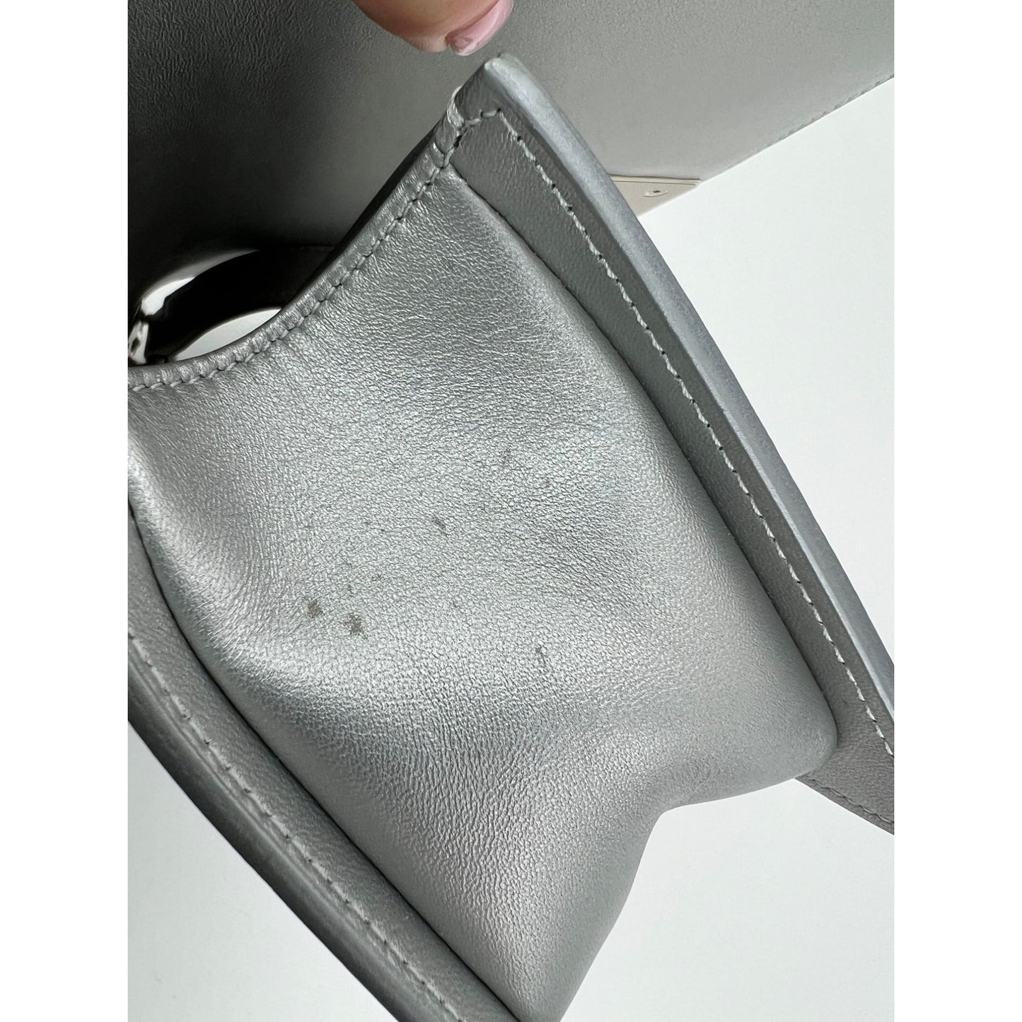 
                  
                    Chanel Iridescent Lambskin PVC Quilted Small Boy Flap Silver Blue Shoulder Bag
                  
                