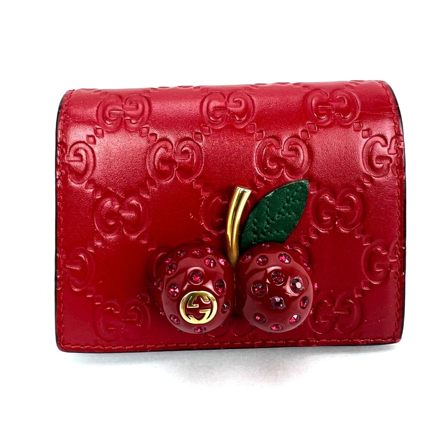 
                  
                    Gucci Guccissima Bifold Cherries Compact Red Leather Wallet  
                  
                