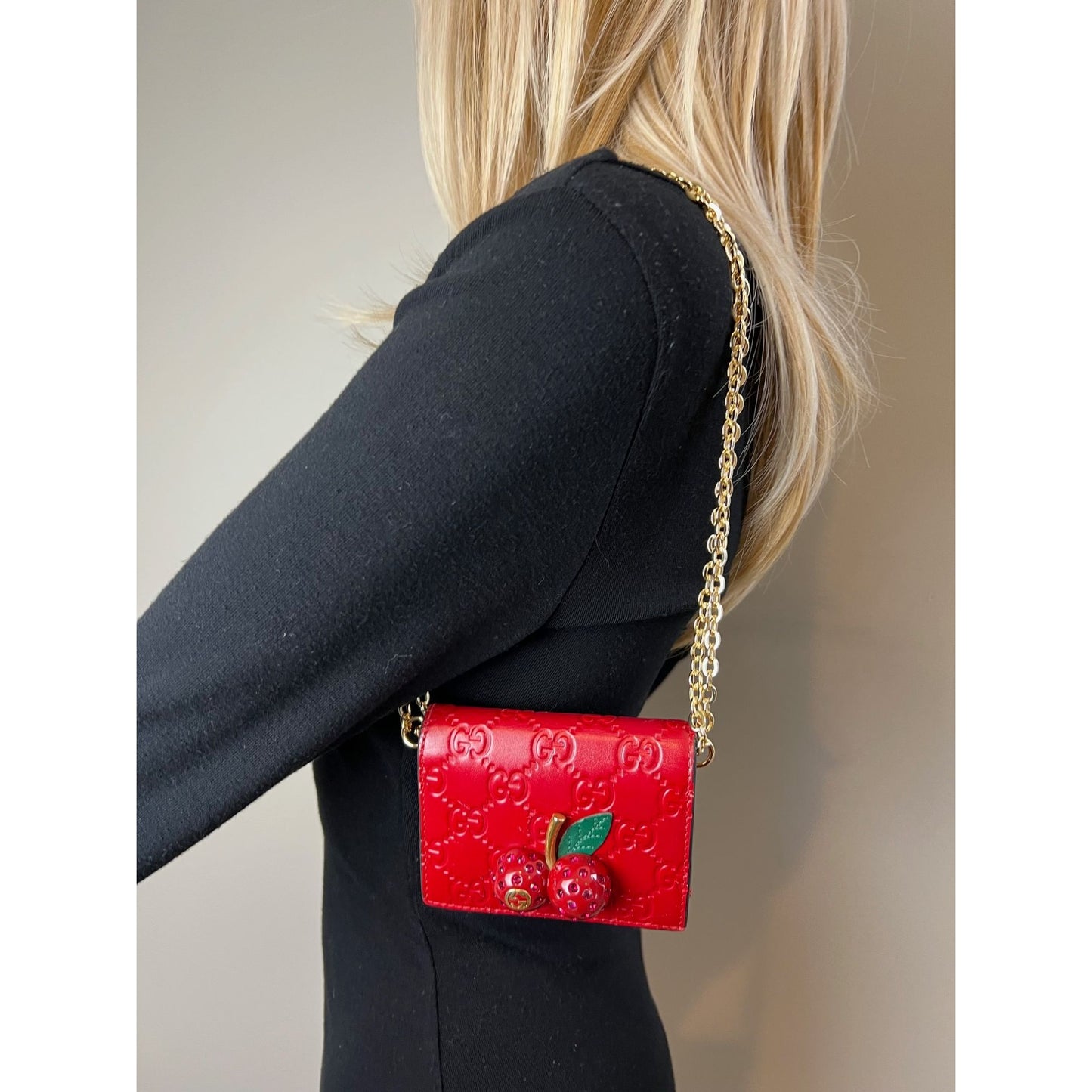 
                  
                    Gucci Guccissima Bifold Cherries Compact Red Leather Wallet  
                  
                