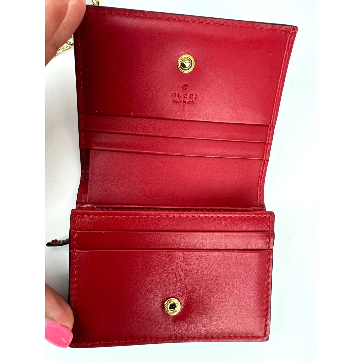 
                  
                    Gucci Guccissima Bifold Cherries Compact Red Leather Wallet  
                  
                