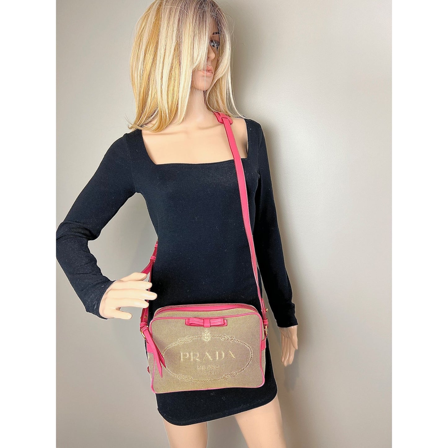 
                  
                    Prada Jacquard Khaki Canvas Camera Corda Peonia Crossbody Bag
                  
                