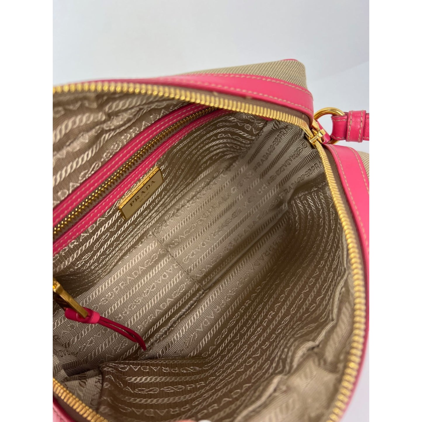 
                  
                    Prada Jacquard Khaki Canvas Camera Corda Peonia Crossbody Bag
                  
                