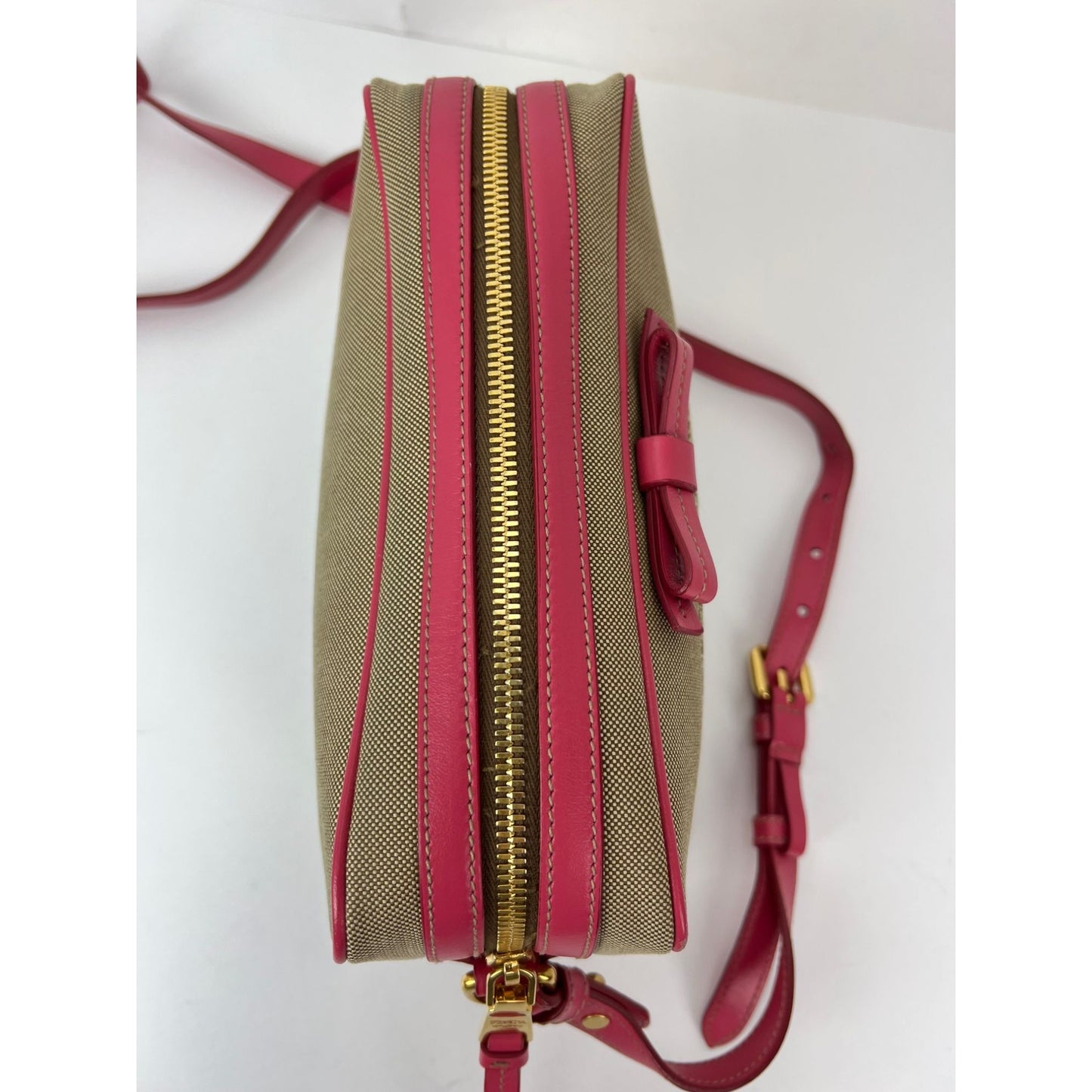 
                  
                    Prada Jacquard Khaki Canvas Camera Corda Peonia Crossbody Bag
                  
                