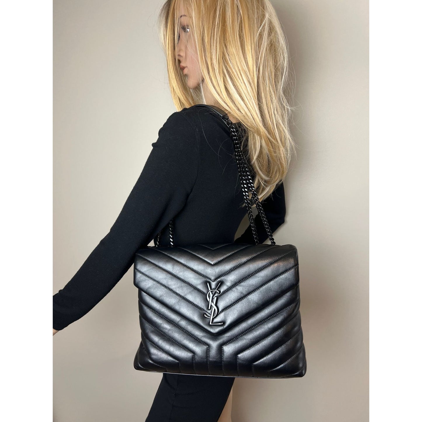 
                  
                    Saint Laurent Medium Loulou Bag Quilted Black Leather Monochrome YSL Flap
                  
                