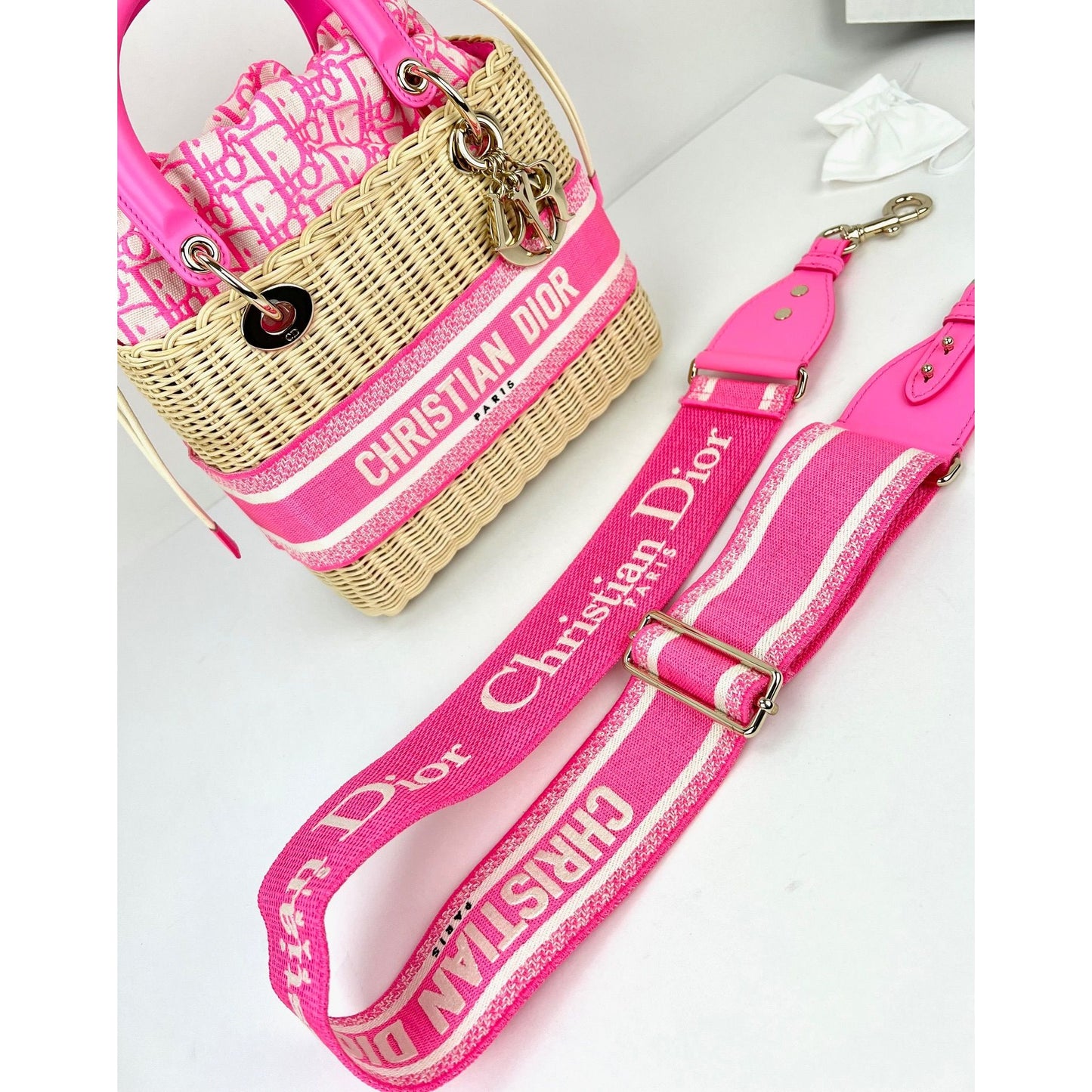 
                  
                    Christian Wicker Oblique Fluorescent Pink Medium Lady Bag
                  
                