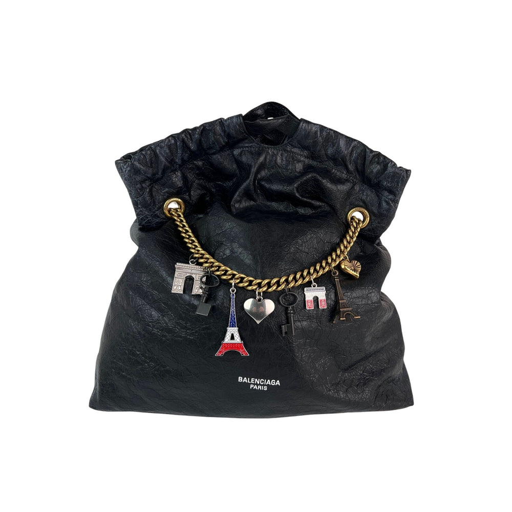 Balenciaga Leather Crush Medium Black Paris Charms Tote Bag