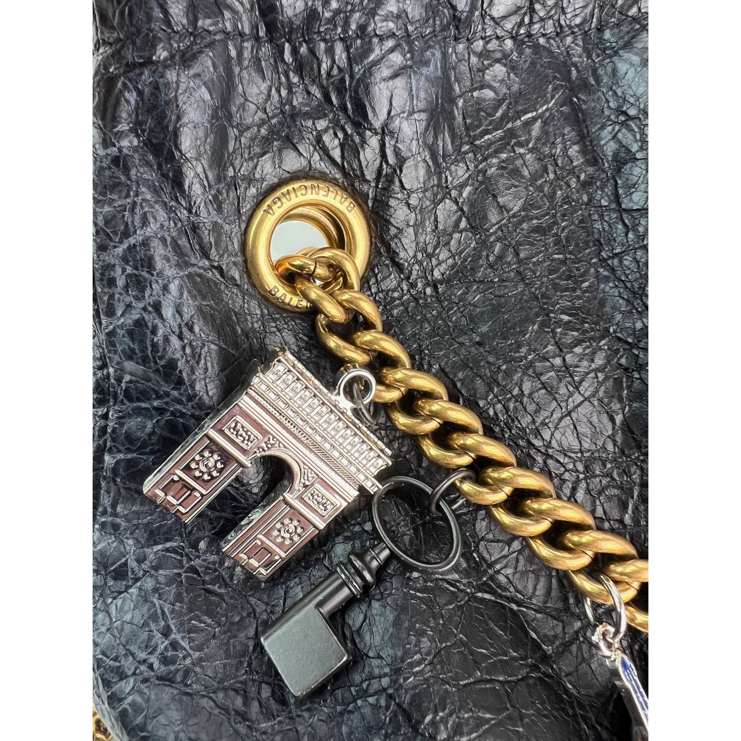 
                  
                    Balenciaga Leather Crush Medium Black Paris Charms Tote Bag
                  
                