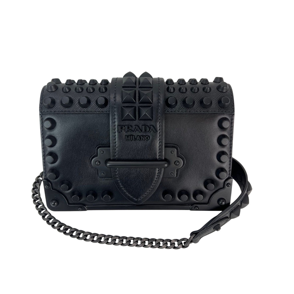 Prada City Calfskin Saffiano Studded Cahier Crossbody Clutch Bag Black