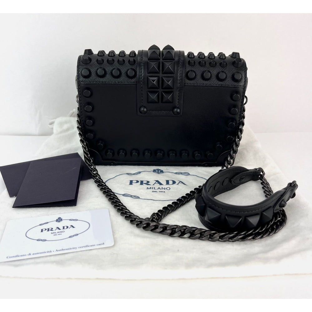 
                  
                    Prada City Calfskin Saffiano Studded Cahier Crossbody Clutch Bag Black
                  
                