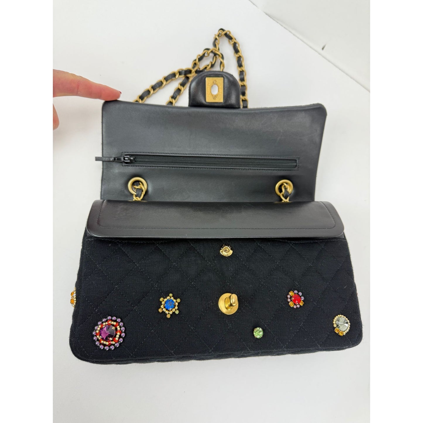 
                  
                    Chanel Jersey Knit Quilted Crystal Embellished Medium Double Flap Shoulder Bag
                  
                