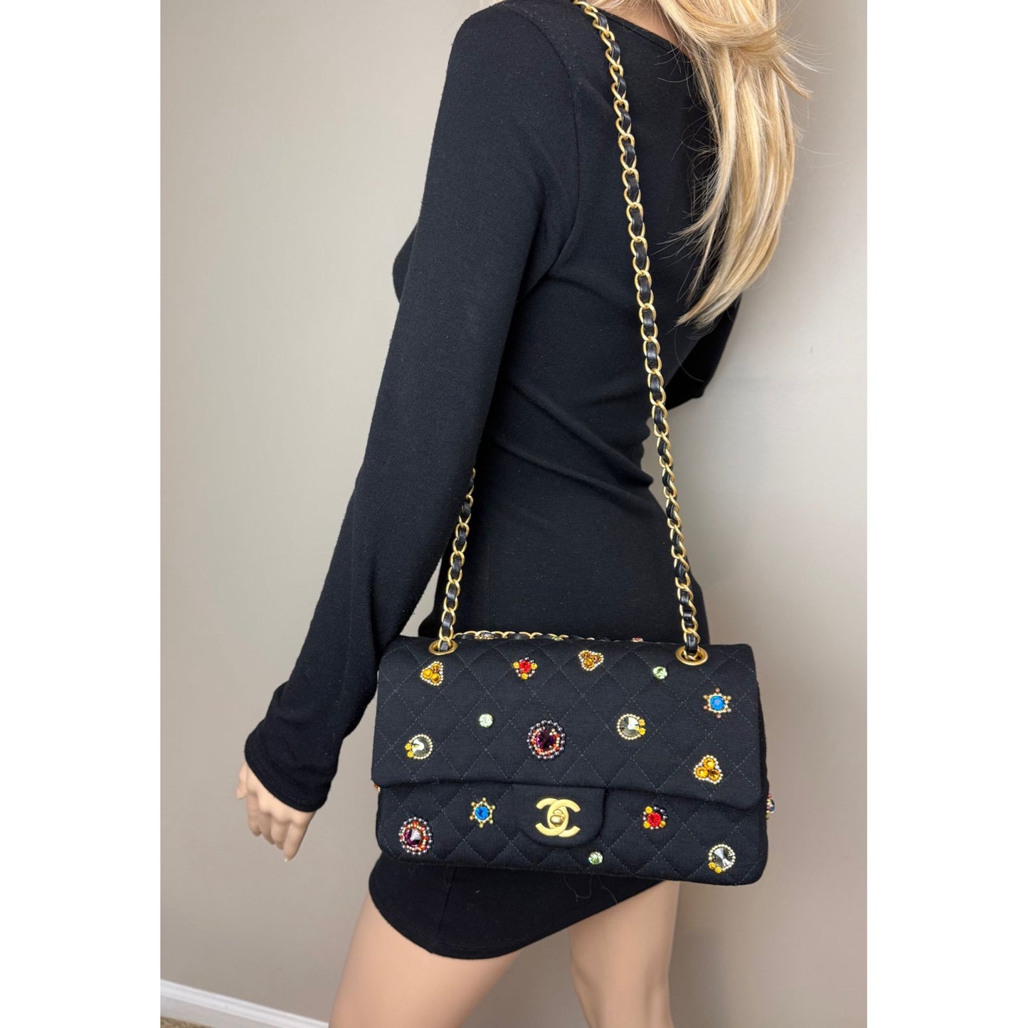 
                  
                    Chanel Jersey Knit Quilted Crystal Embellished Medium Double Flap Shoulder Bag
                  
                