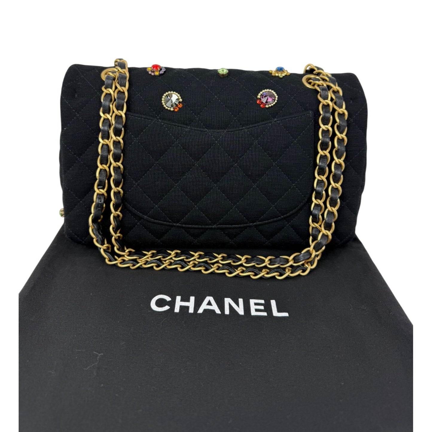 
                  
                    Chanel Jersey Knit Quilted Crystal Embellished Medium Double Flap Shoulder Bag
                  
                