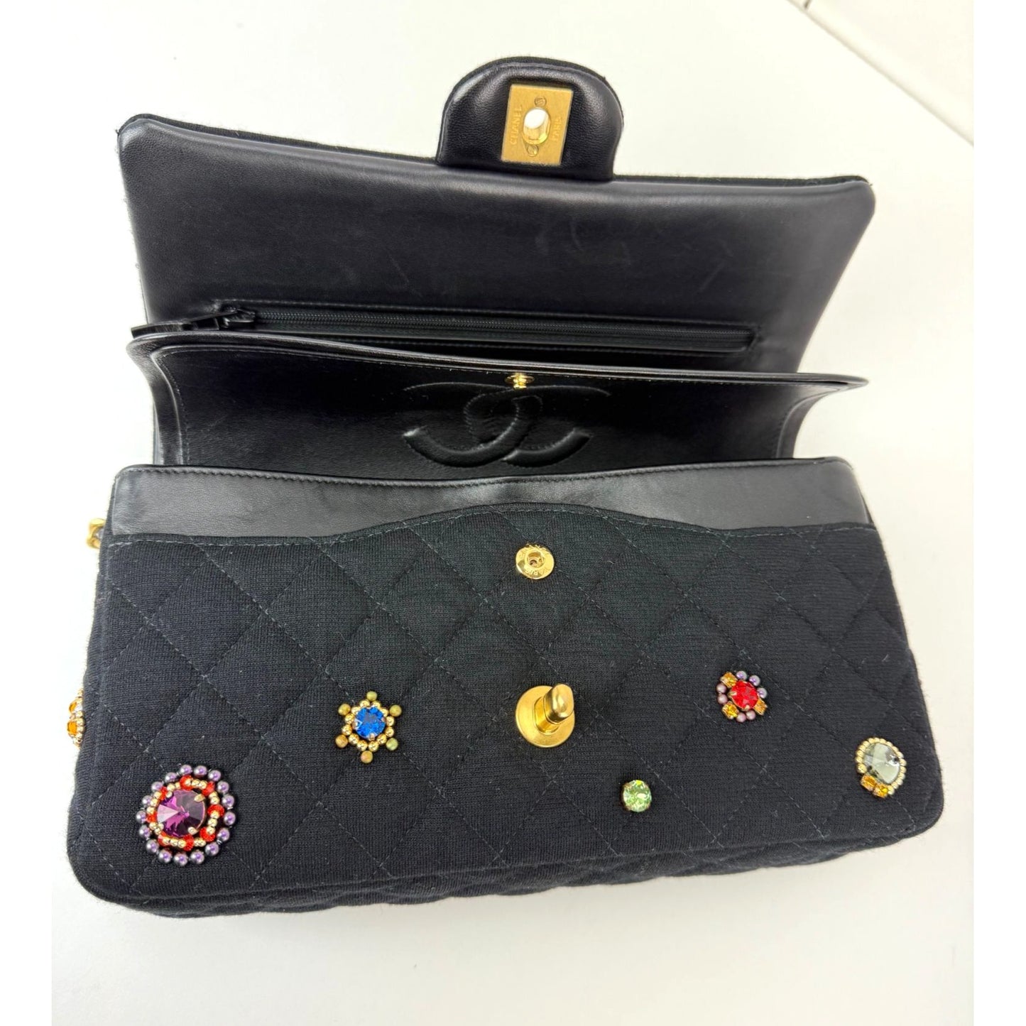 
                  
                    Chanel Jersey Knit Quilted Crystal Embellished Medium Double Flap Shoulder Bag
                  
                