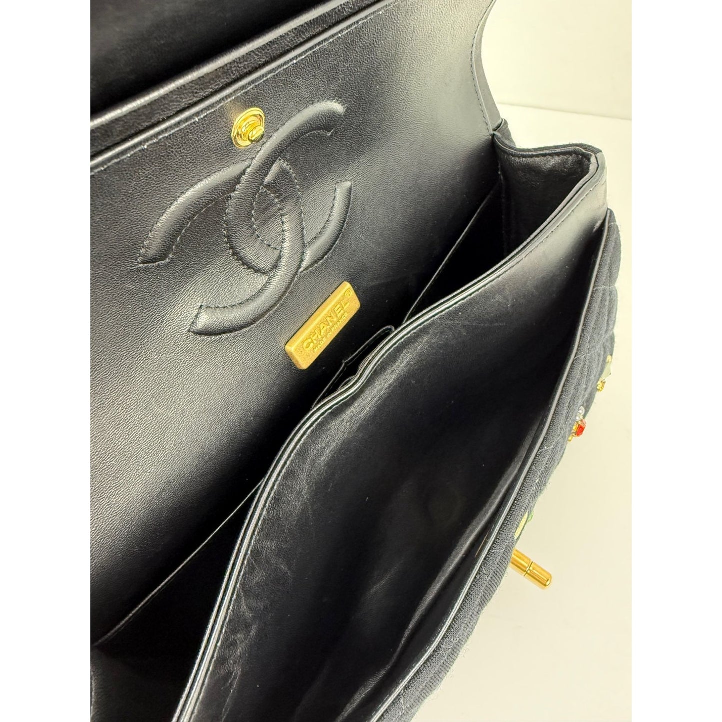 
                  
                    Chanel Jersey Knit Quilted Crystal Embellished Medium Double Flap Shoulder Bag
                  
                