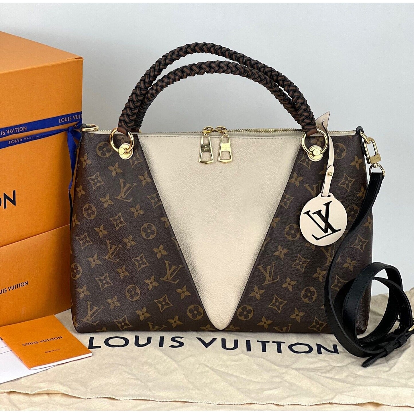 
                  
                    Louis Vuitton Braided V Tote MM Cream Leather Canvas Shoulder Hand Bag
                  
                