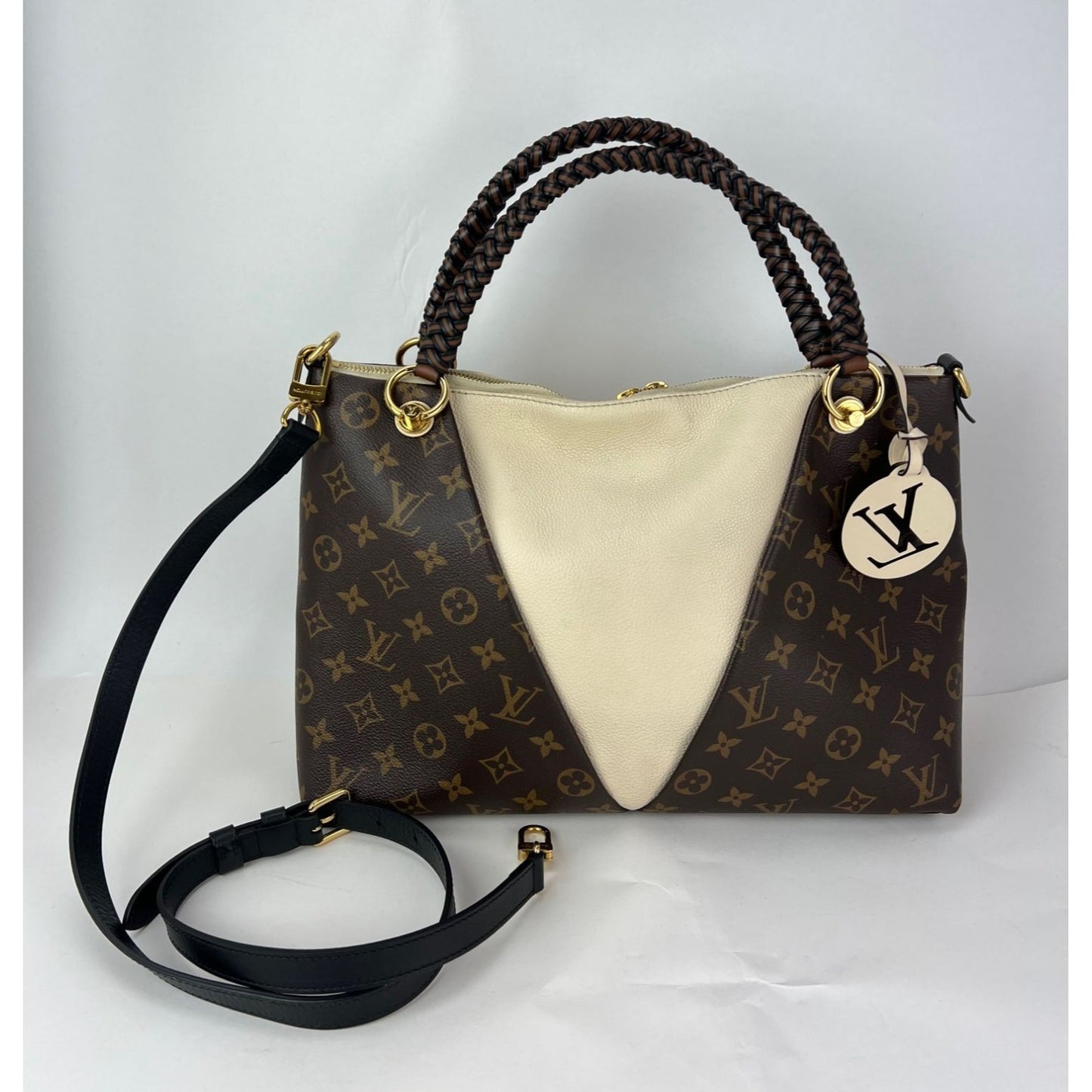
                  
                    Louis Vuitton Braided V Tote MM Cream Leather Canvas Shoulder Hand Bag
                  
                