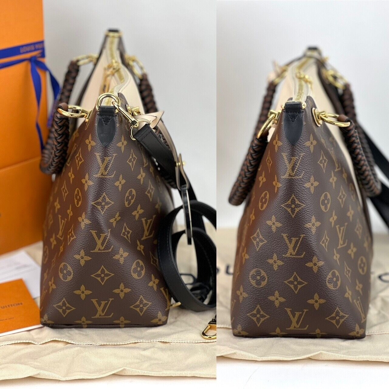 
                  
                    Louis Vuitton Braided V Tote MM Cream Leather Canvas Shoulder Hand Bag
                  
                