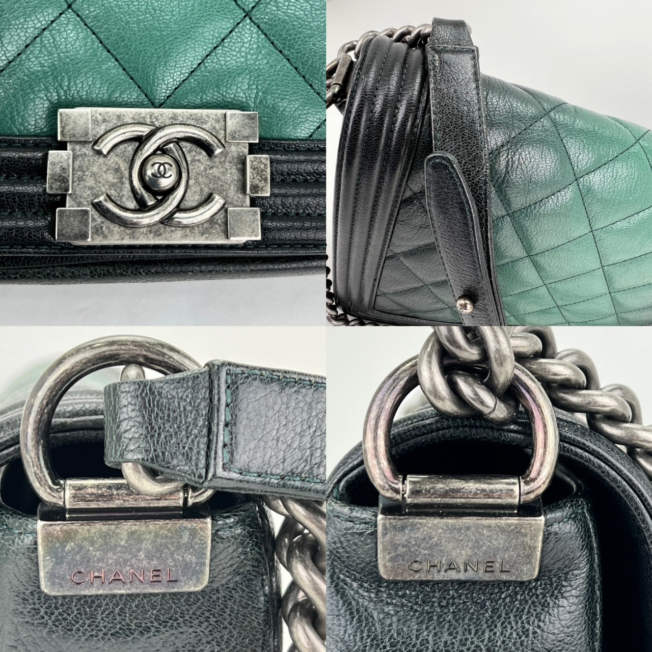 Chanel Green Double Stitch Leather Boy Tote Bag