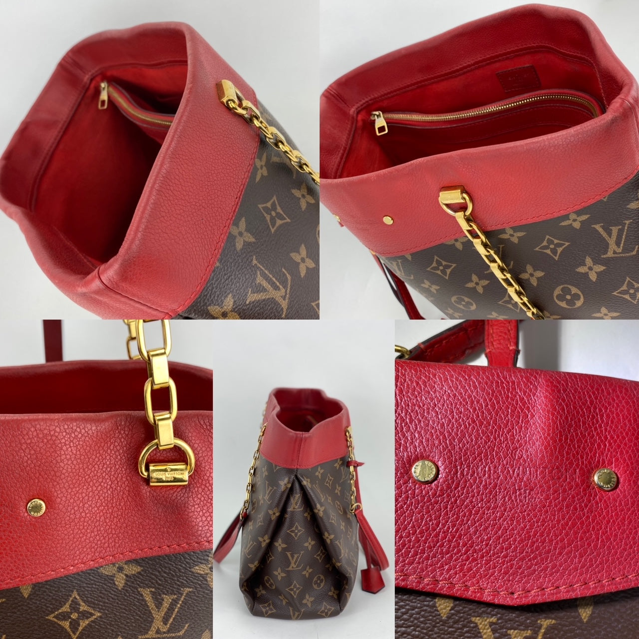 Louis Vuitton Bag Monogram Canvas Red Leather Pallas Shopper Hand Tote A853  Auth