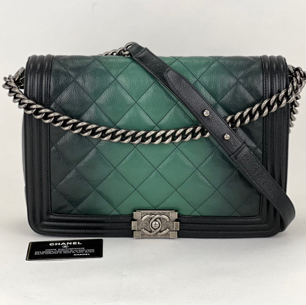 CHANEL Bag Dark Green Ombre Quilted Glazed Leather Large Boy Authentic preowned