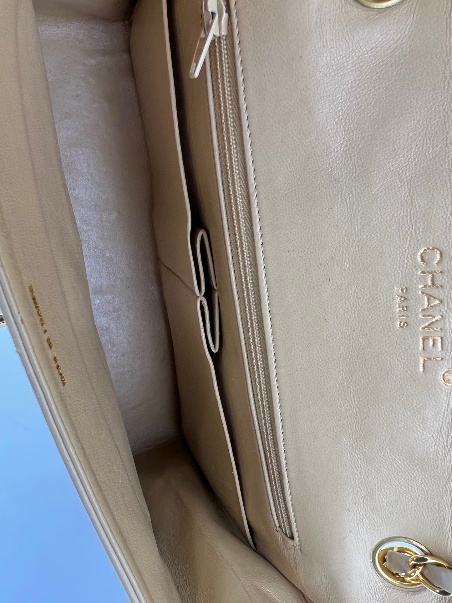 Authentic CHANEL Soft Leather Accordion LAX Logo Chain Shoulder Bag Purse  Beige
