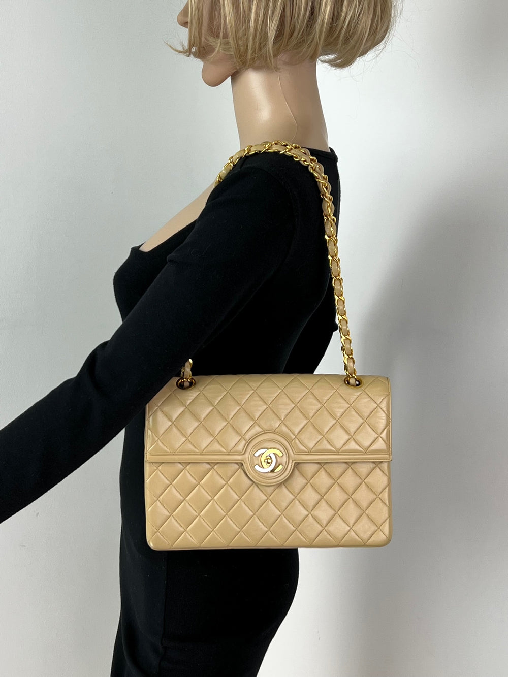 CHANEL Bag Quilted CC Single Flap Chain Shoulder Bag  Purse Beige Lambskin preowned