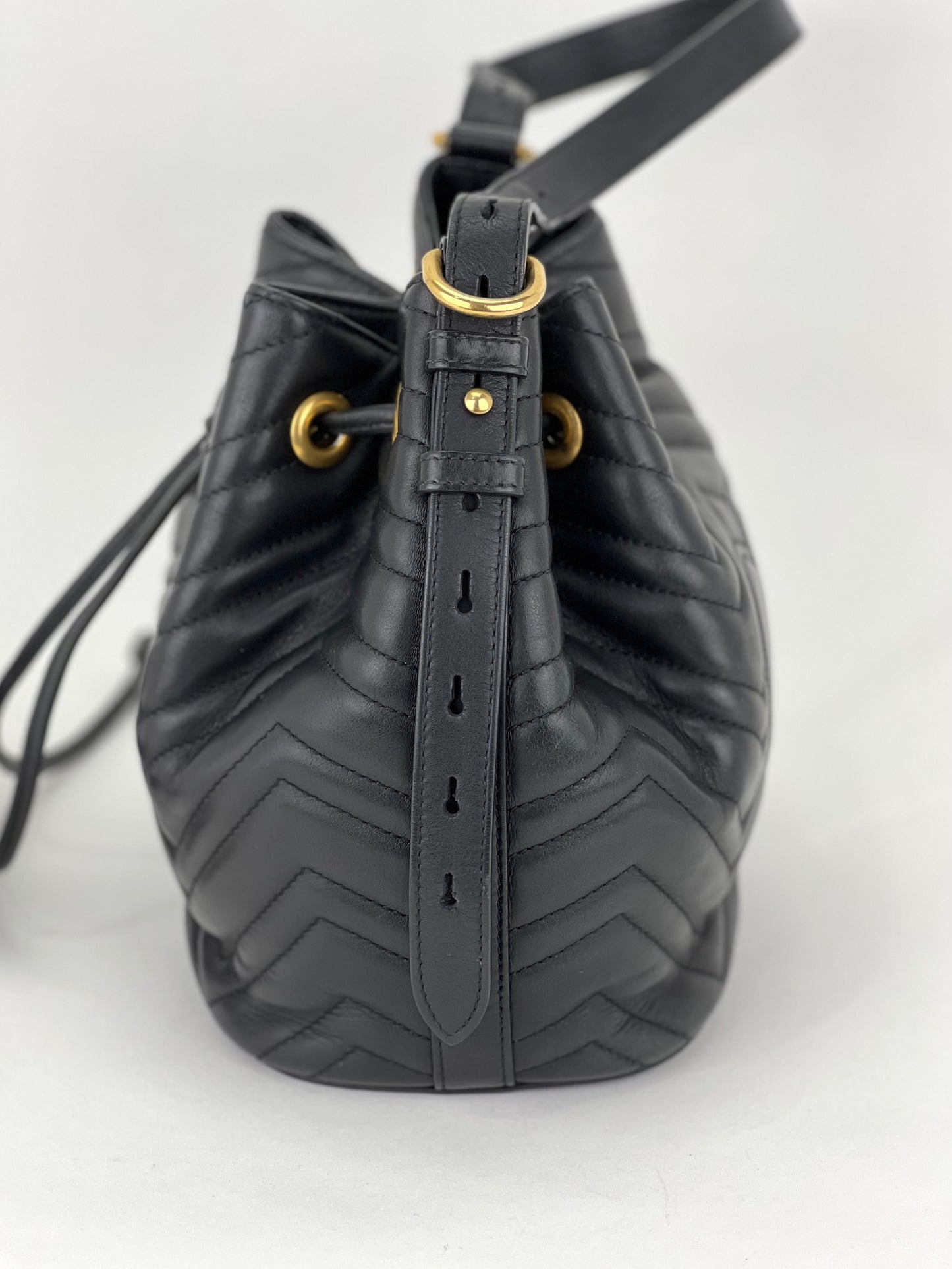 
                  
                    Gucci Handbag Sylvie Web GG Marmont Black Leather Matelasse Bucket Bag
                  
                