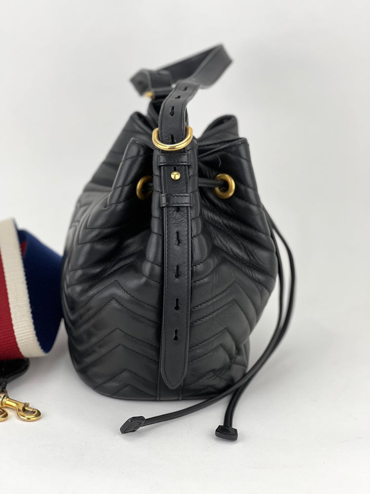 
                  
                    Gucci Handbag Sylvie Web GG Marmont Black Leather Matelasse Bucket Bag
                  
                