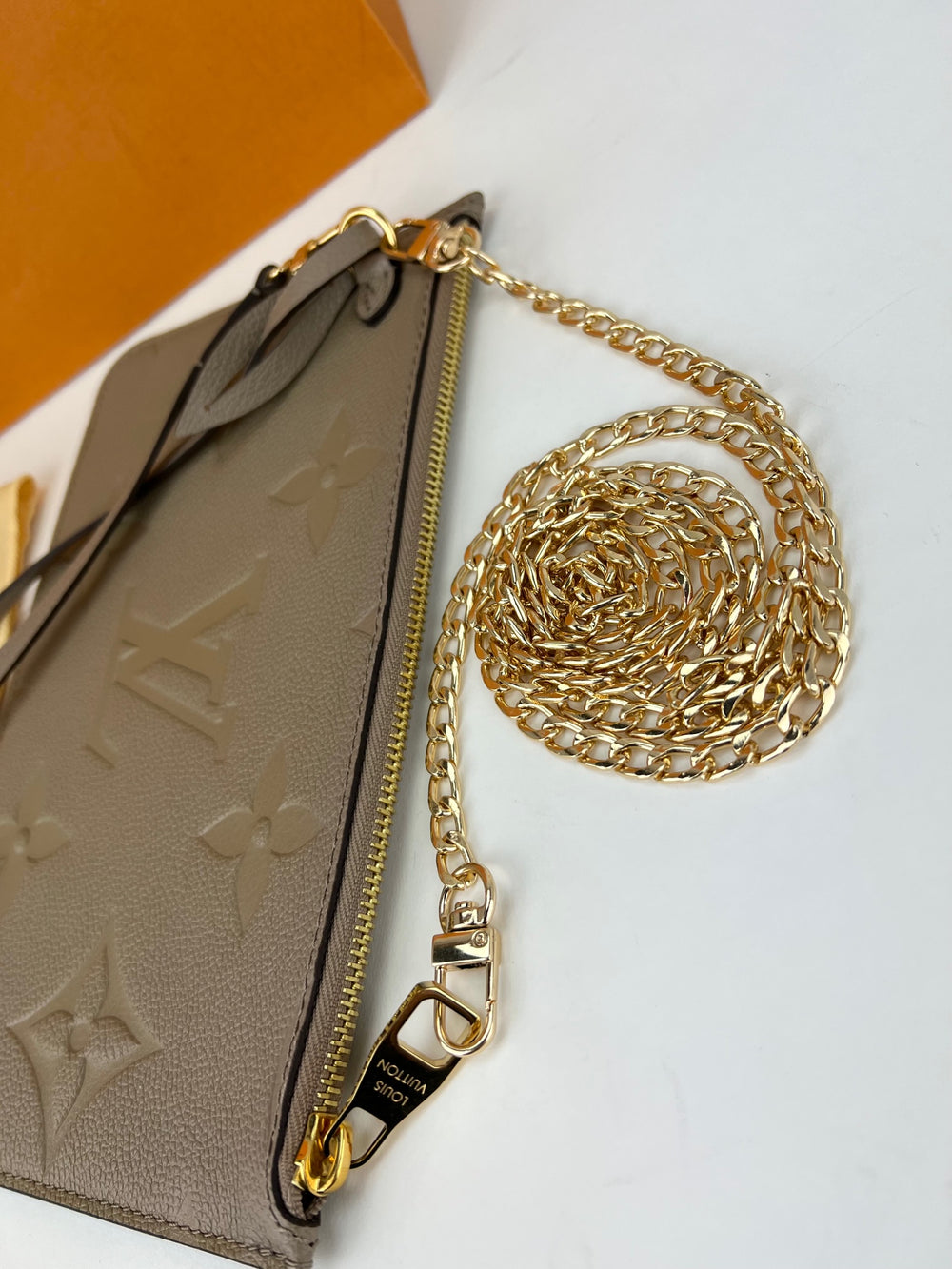 Handbags Louis Vuitton Louis Vuitton Pochette Empreinte Beige Leather Clutch Crossbody Bag from Neverfull w/Added Chain Preowned