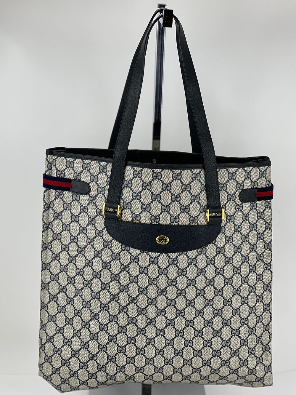 Gucci Tote GG Monogram Canvas Navy Leather trim Large Hand Tote