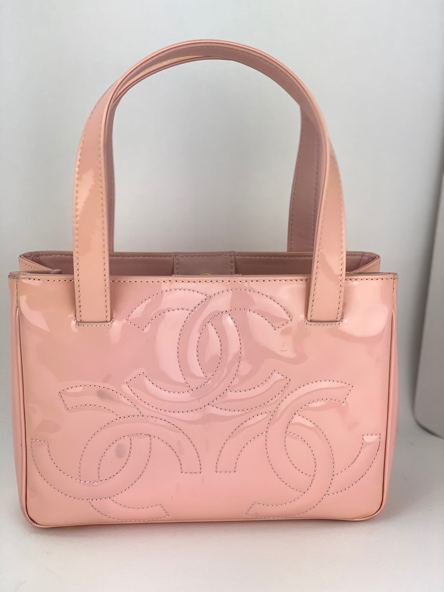 Chanel Triple CC Logo Small Pink Patent Leather Tote Shoulder Bag Authentic  Pre owned