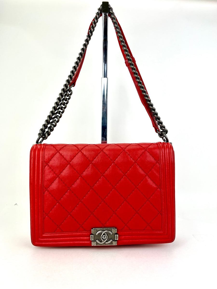 CHANEL Calfskin Quilted Double Stitch Large Boy Flap Red Shoulder Bag  Preowned