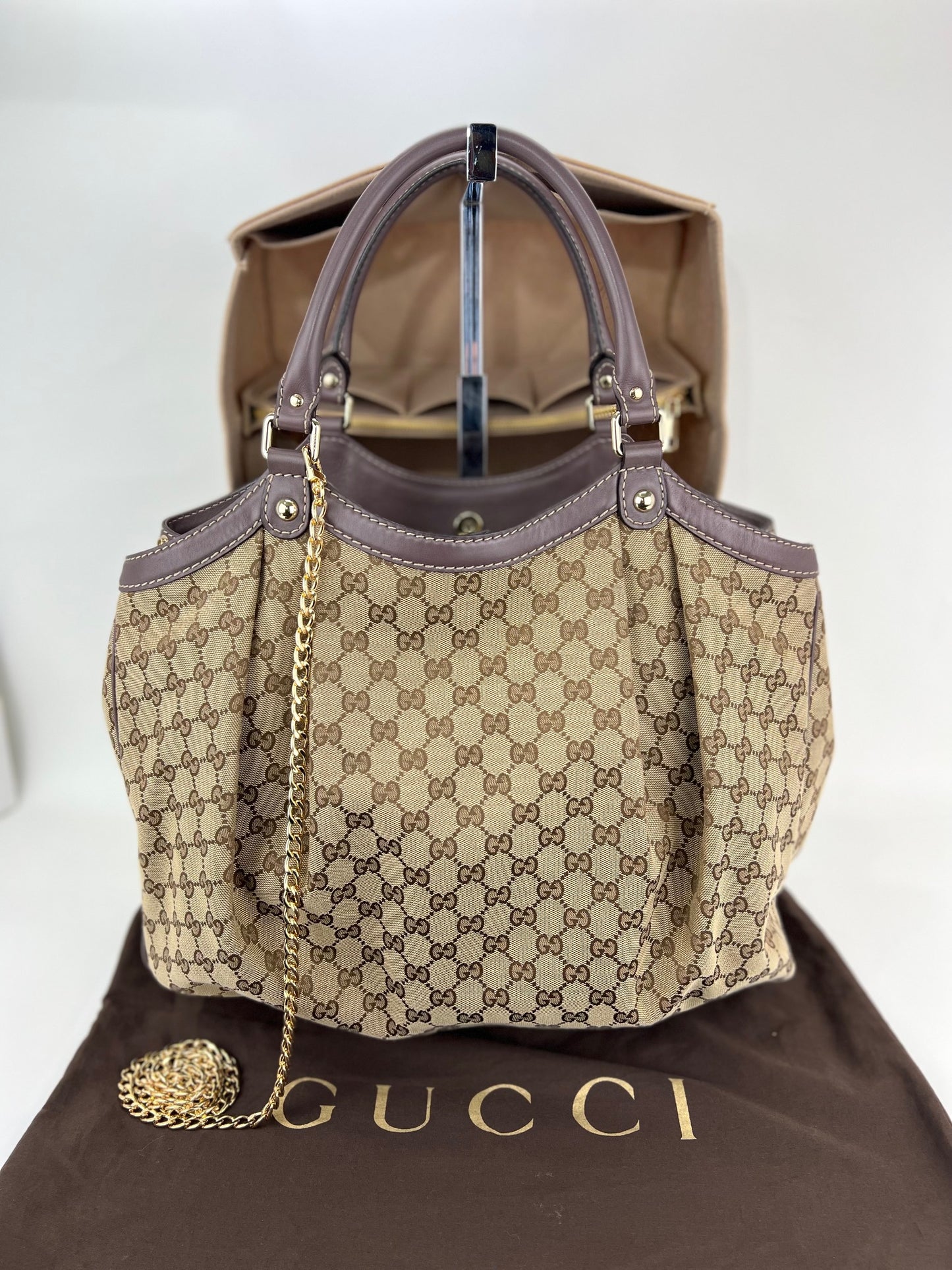 Vintage Gucci Sukey Brown GG Monogram Large Canvas Tote Bag Leather Handles