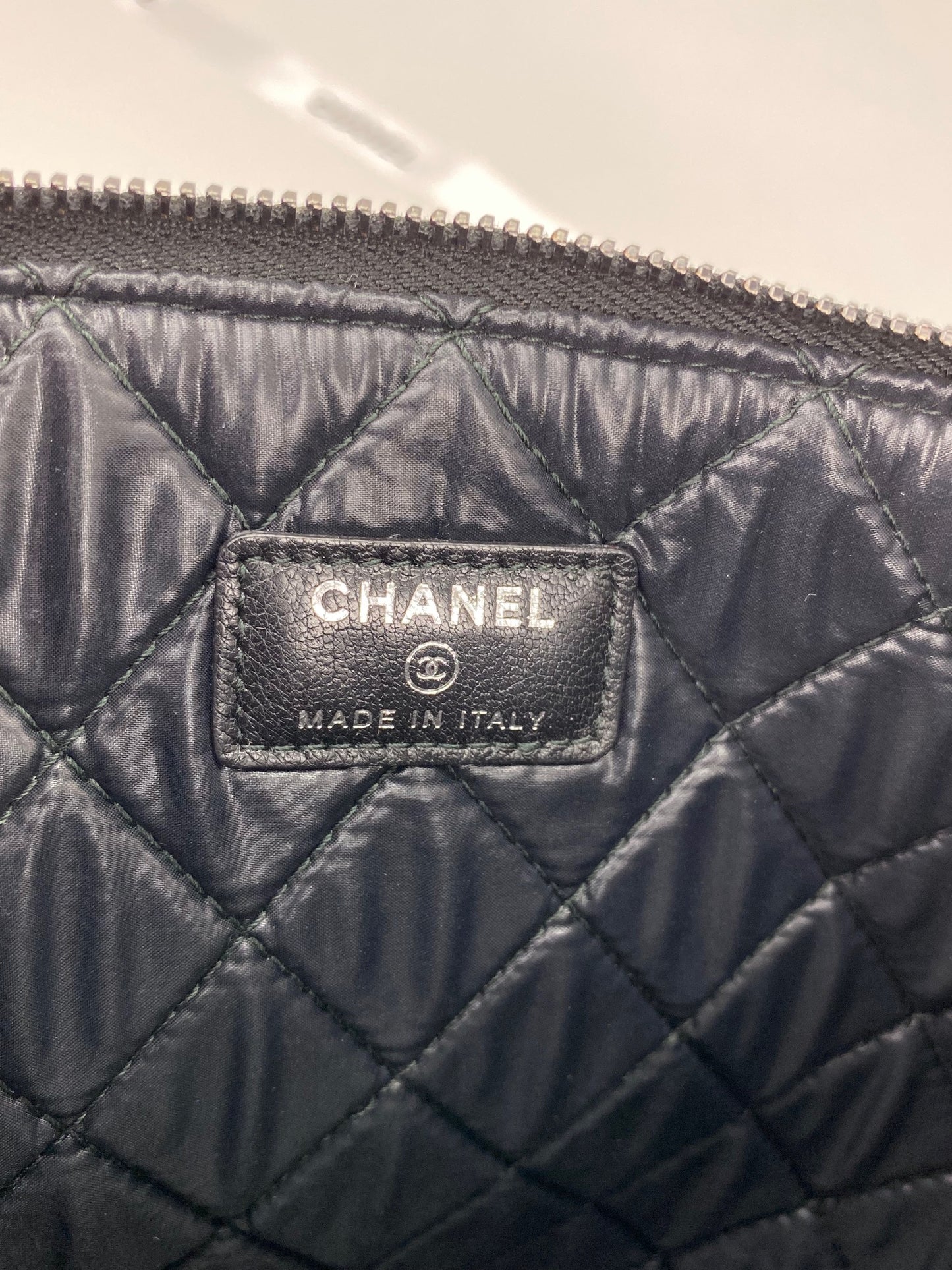 
                  
                    Chanel Quilted Lambskin Leather Black Blue Large Boy Zip Pouch Added Chain
                  
                