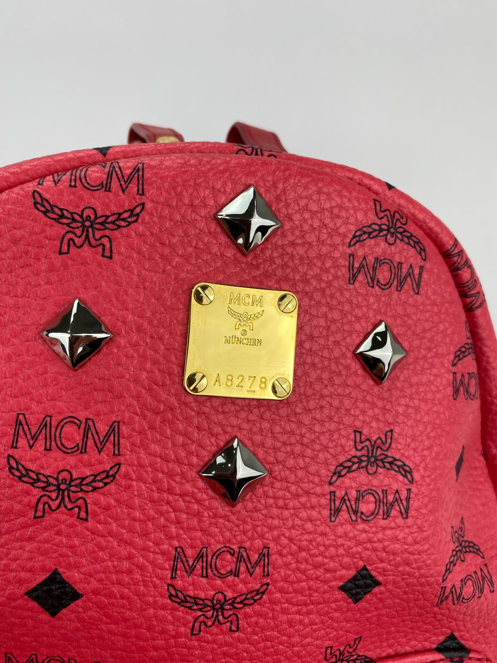 MCM Backpack Red Studs Cognac Visetos Leather Stark Backpack Authentic B380