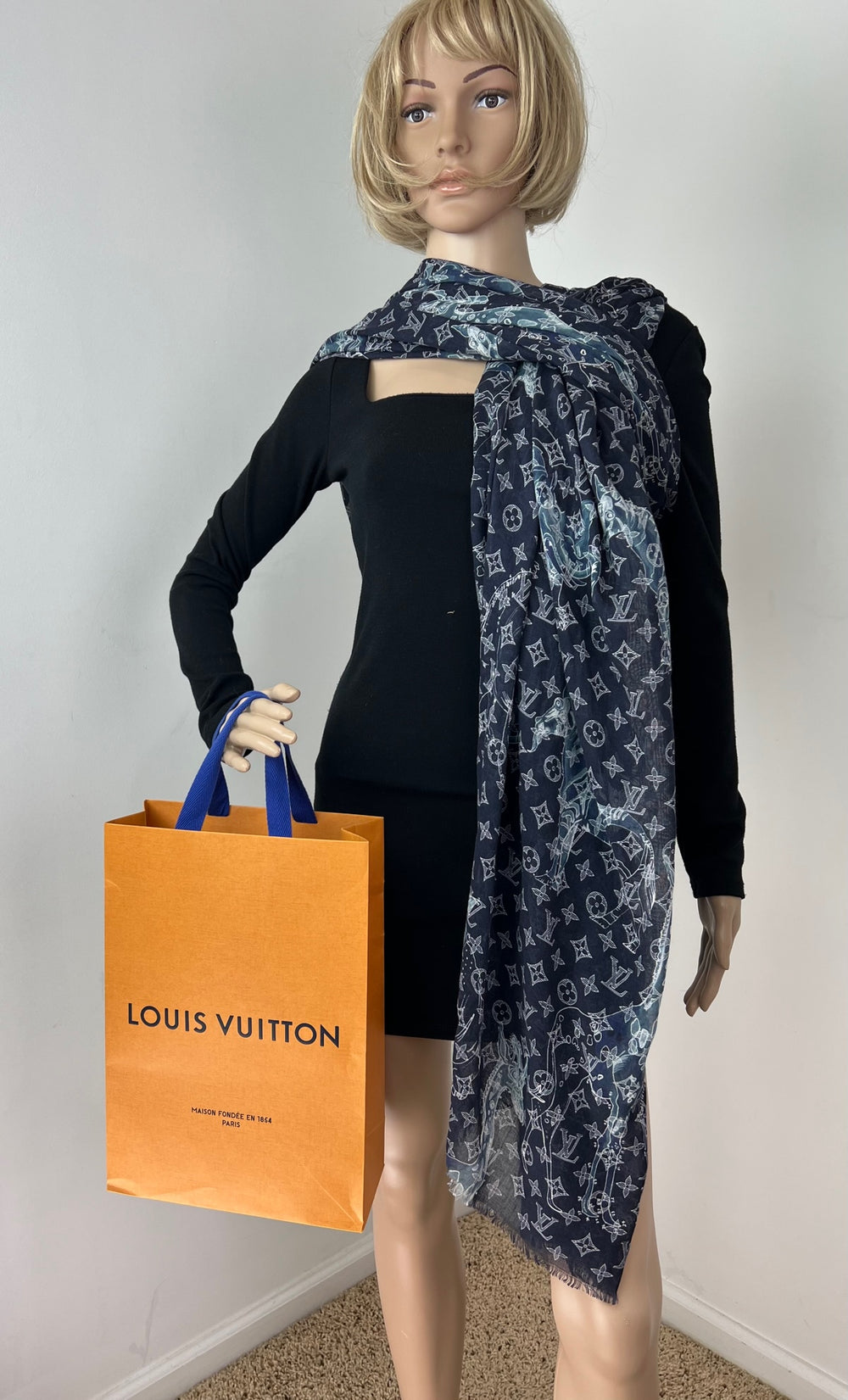 Louis Vuitton LV Monogram Silk Cashmere Brown Dark Blue Scarf