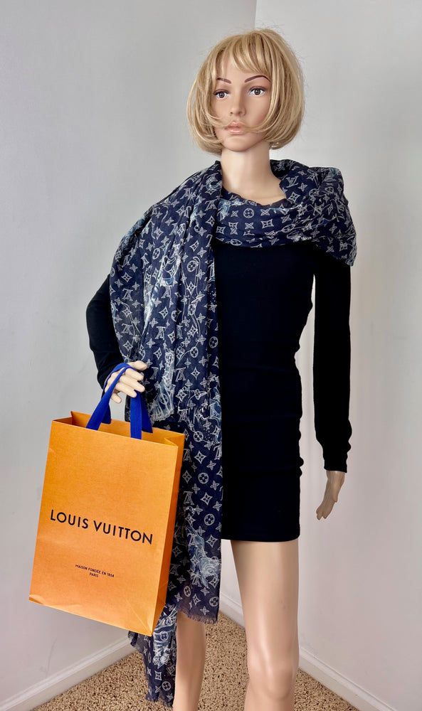 Louis Vuitton, Accessories, Louis Vuitton Monogram Silk Scarf Shawl In  Light Blue Denim