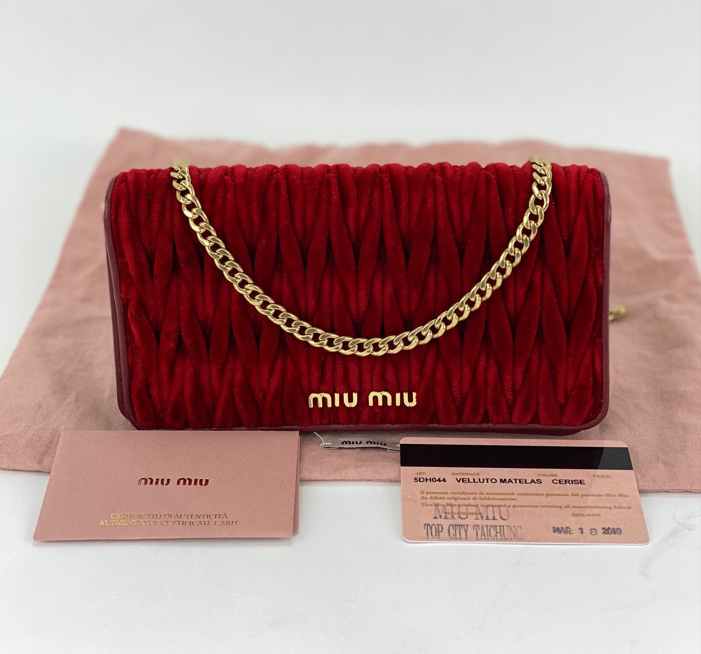 Miu Miu Cerise Red Leather Velvet Wallet on a Chain WOC Clutch