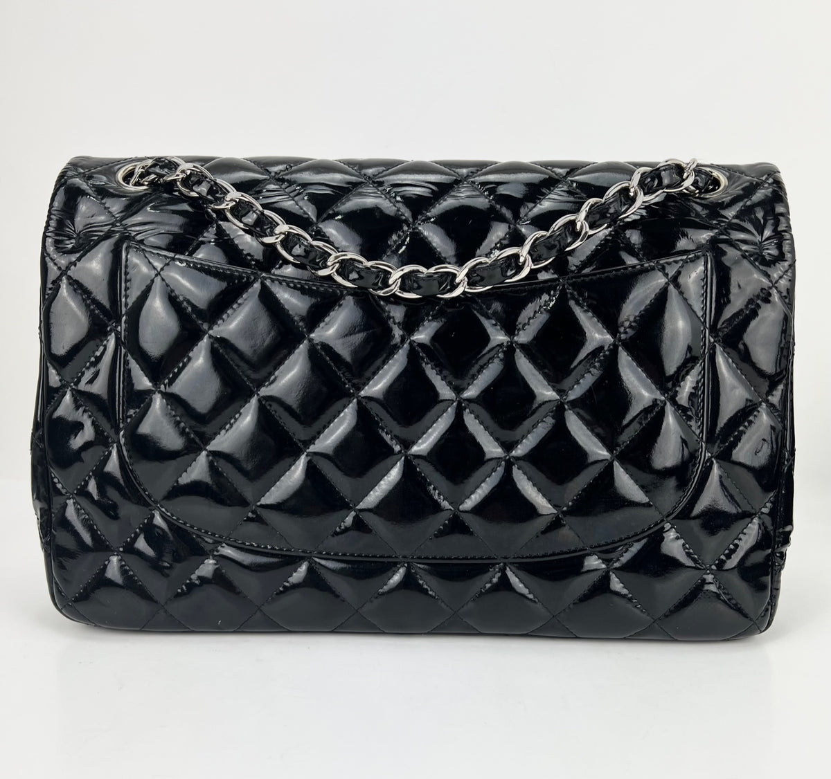 Chanel Classic Double Flap Quilted Patent Leather Silver-tone Jumbo Black -  US