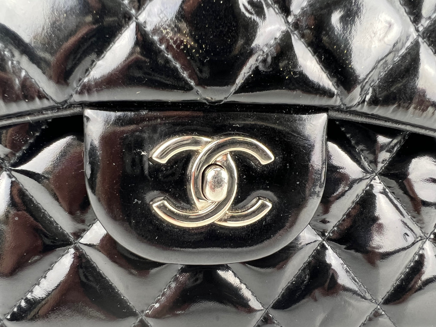 Chanel CC Logo Black Patent Leather Jersey Fabric Silver Zip Shoulder Bag  Purse