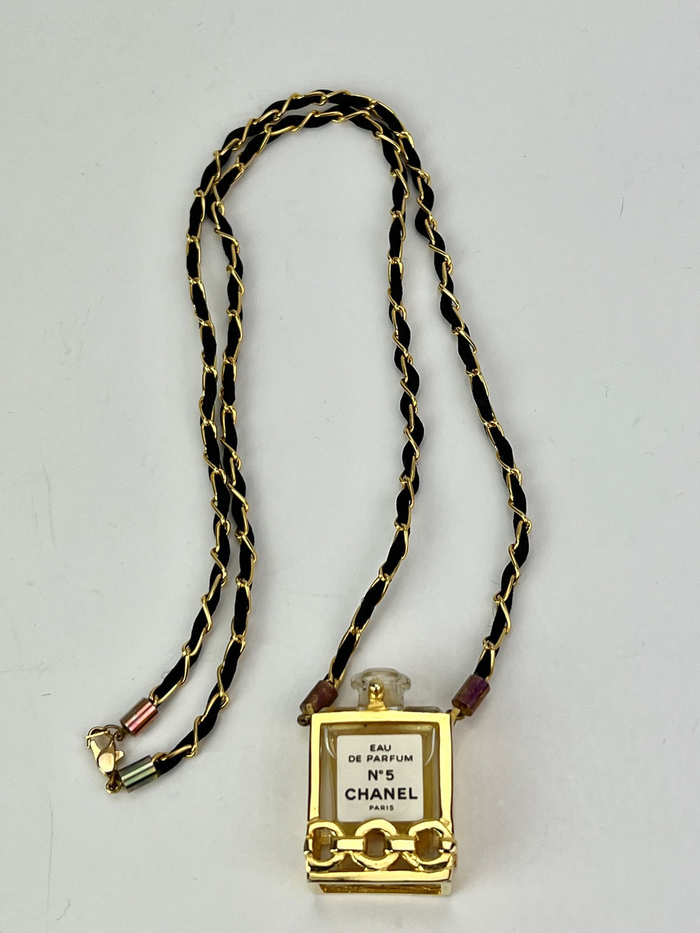 Chanel No 5 And CC Logo Charm Pendant Long Necklace BlackGreen  Rent Chanel  jewelry for 55month