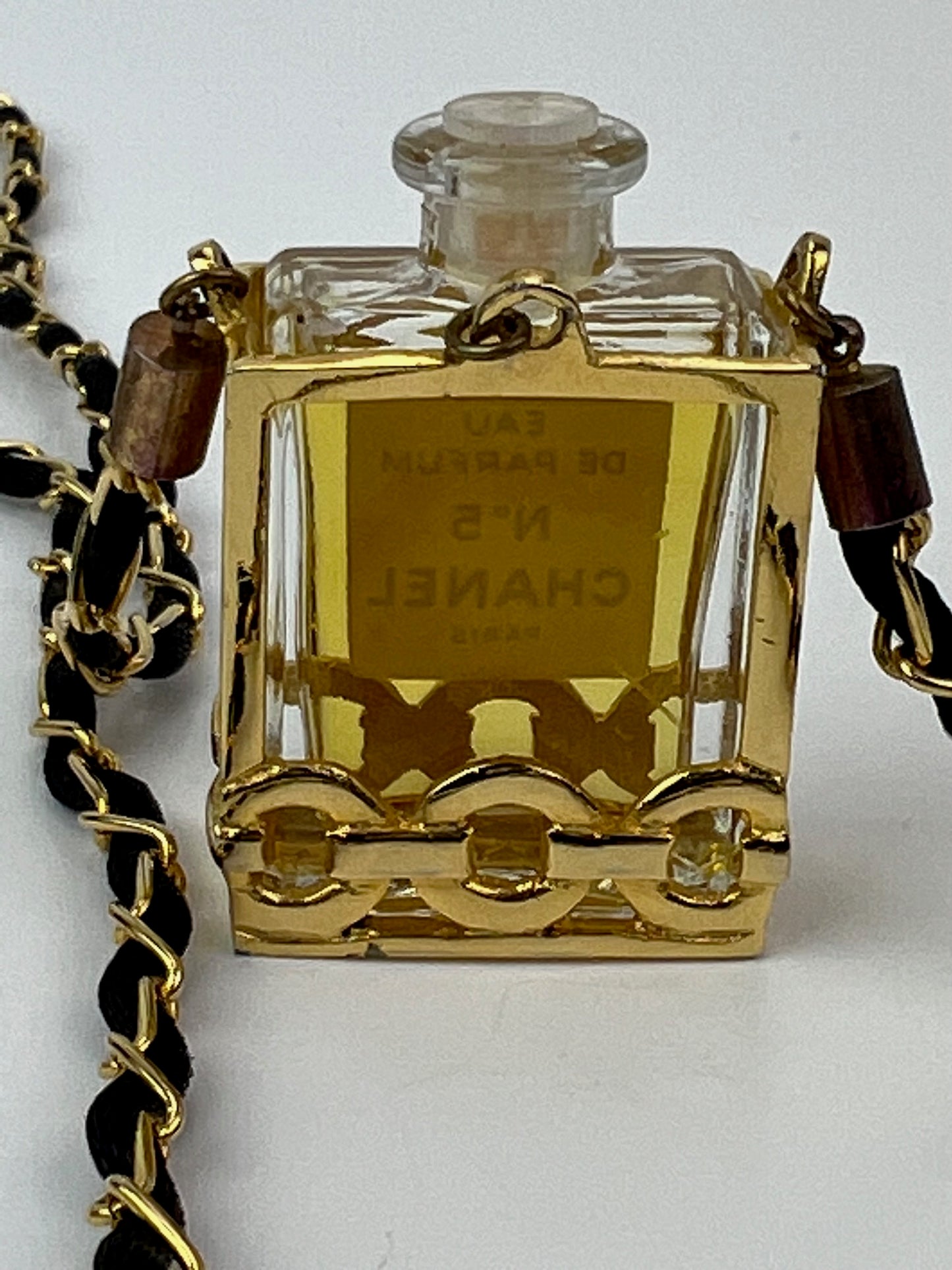 Auth Chanel Gold Black Chain COCO Perfume Bottle Necklace Vintage