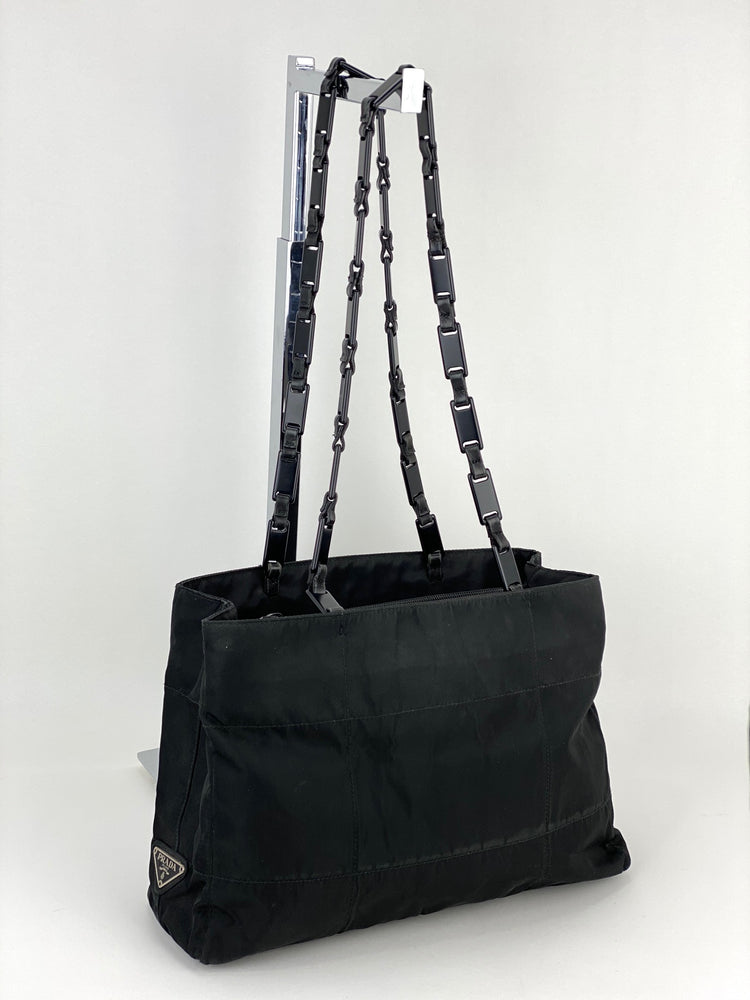 Prada Silver Chain Tote Dark Gray Nylon Shoulder Bag