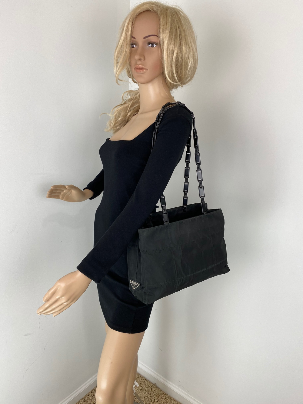 Prada Chain Tote Black Nylon Shoulder Bag 